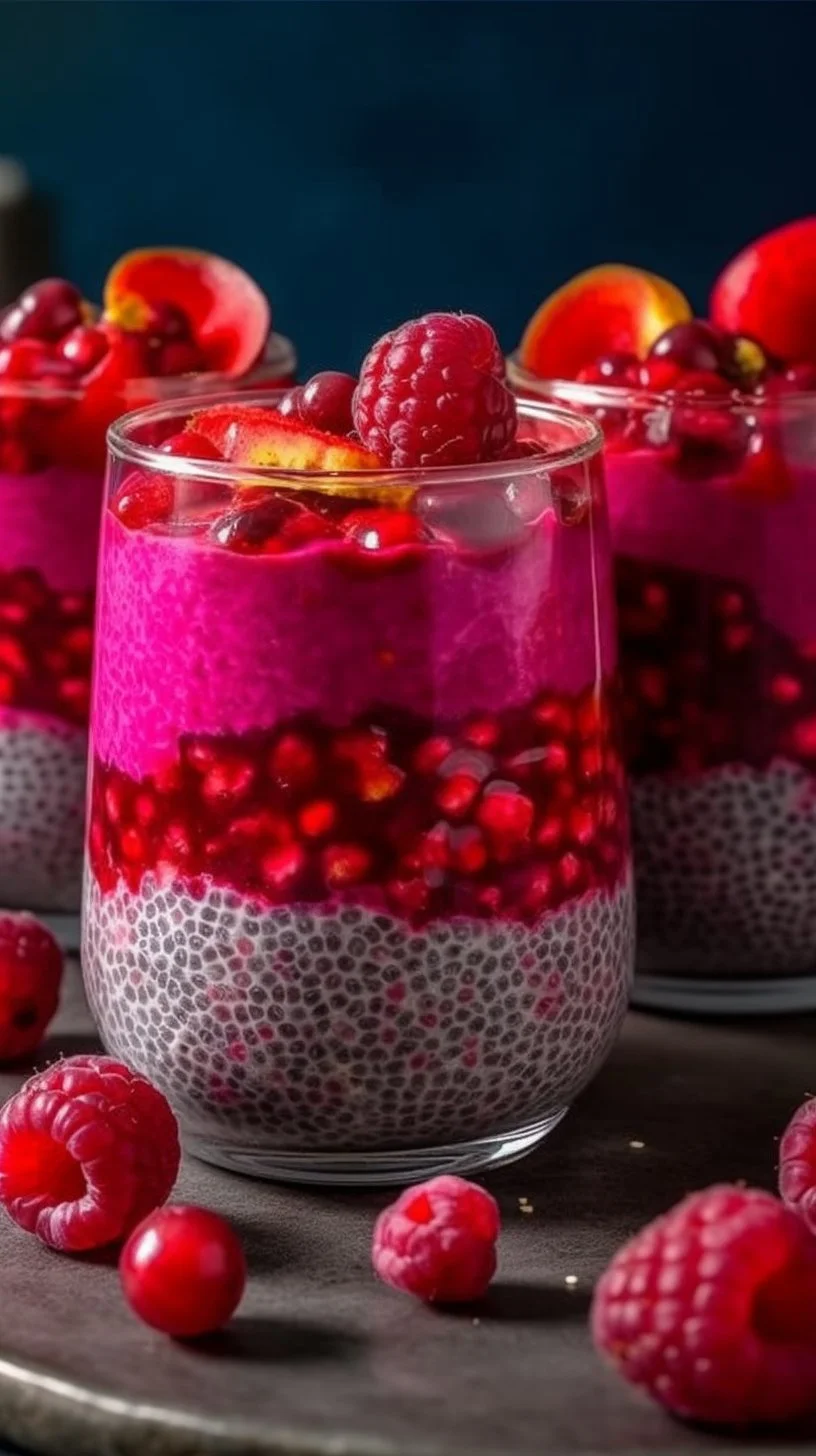 Delicious Pomegranate Raspberry Chia dessert topped with fresh berries and chia seeds.