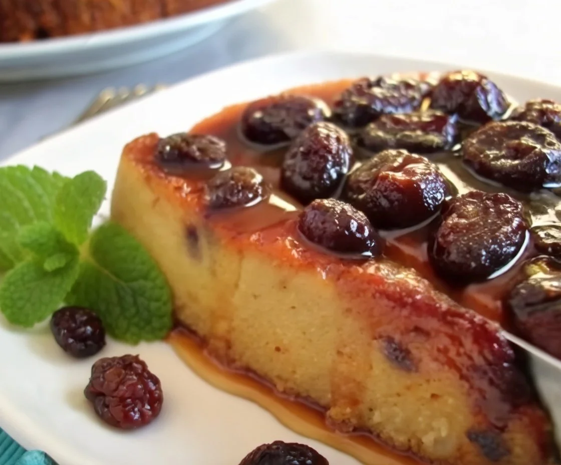Delicious pudding made with Madeleines and raisins topped with a sprinkle of powdered sugar