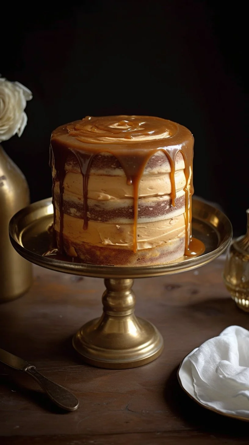 Delicious pumpkin layer cake topped with salted caramel cream cheese frosting.