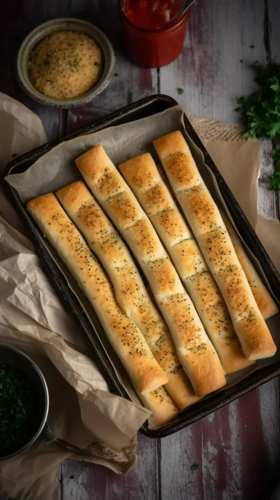 Golden brown sheet pan breadsticks ready to serve
