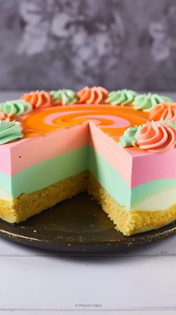 Rainbow Sherbet Cheesecake with colorful layers and a creamy texture