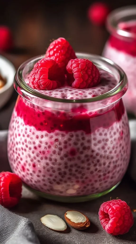 Delicious Raspberry Chia Pudding topped with fresh raspberries and coconut flakes