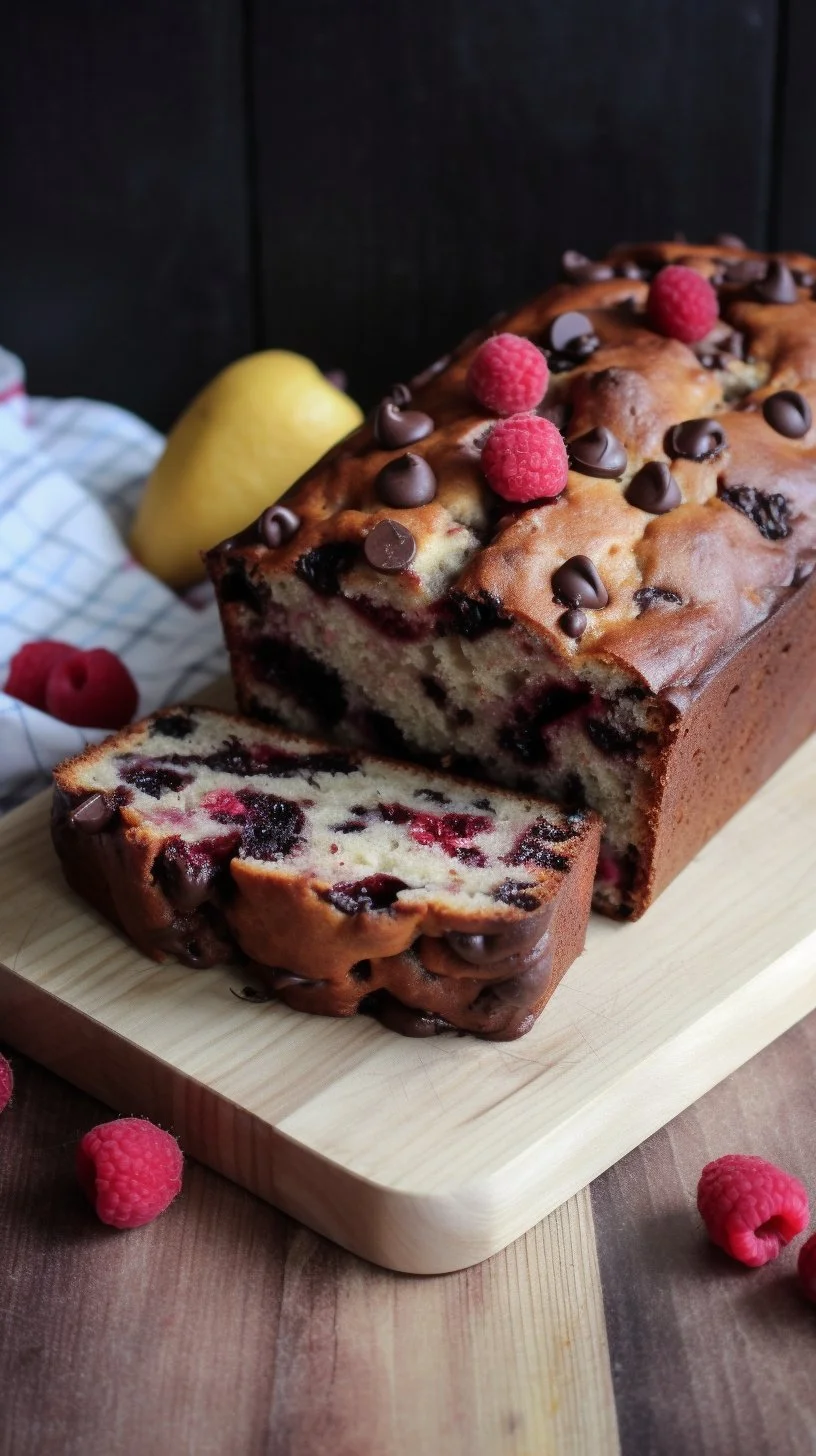 Slice of raspberry dark chocolate banana bread on a wooden table