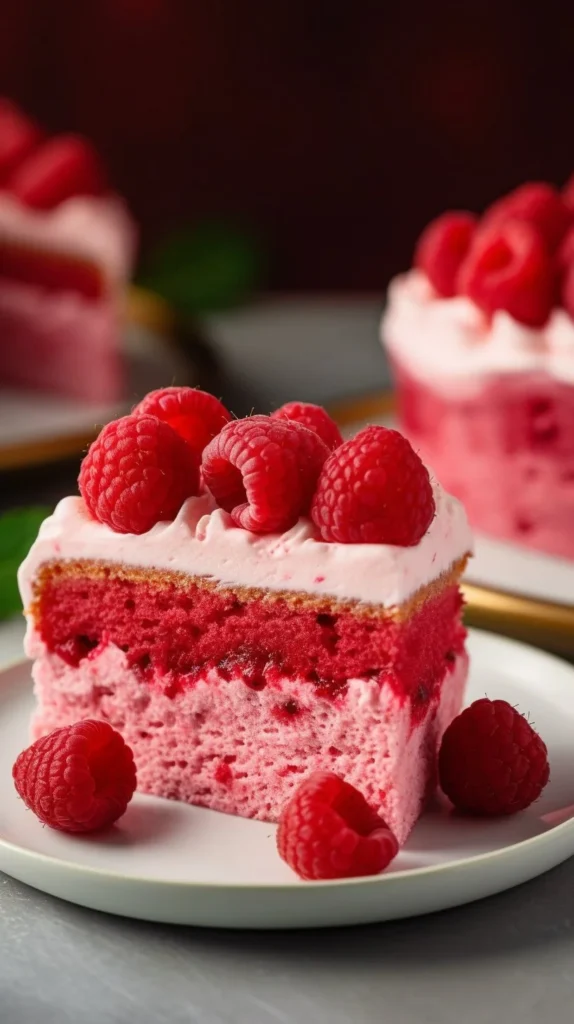 Delicious Raspberry Fluff Cake topped with fresh raspberries and whipped cream