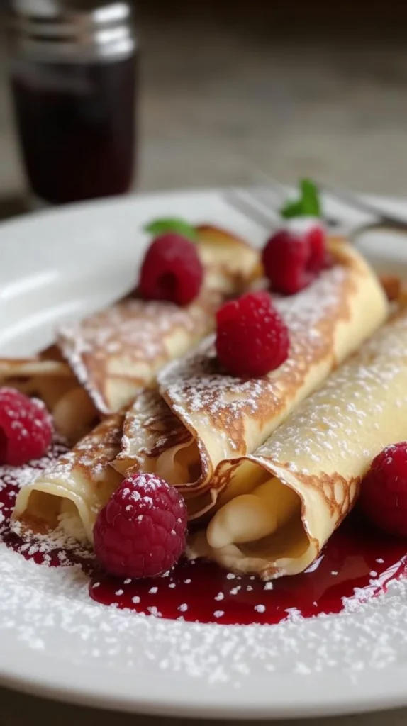 Delicious Raspberry Vanilla Cream Crepes drizzled with fresh raspberry sauce.