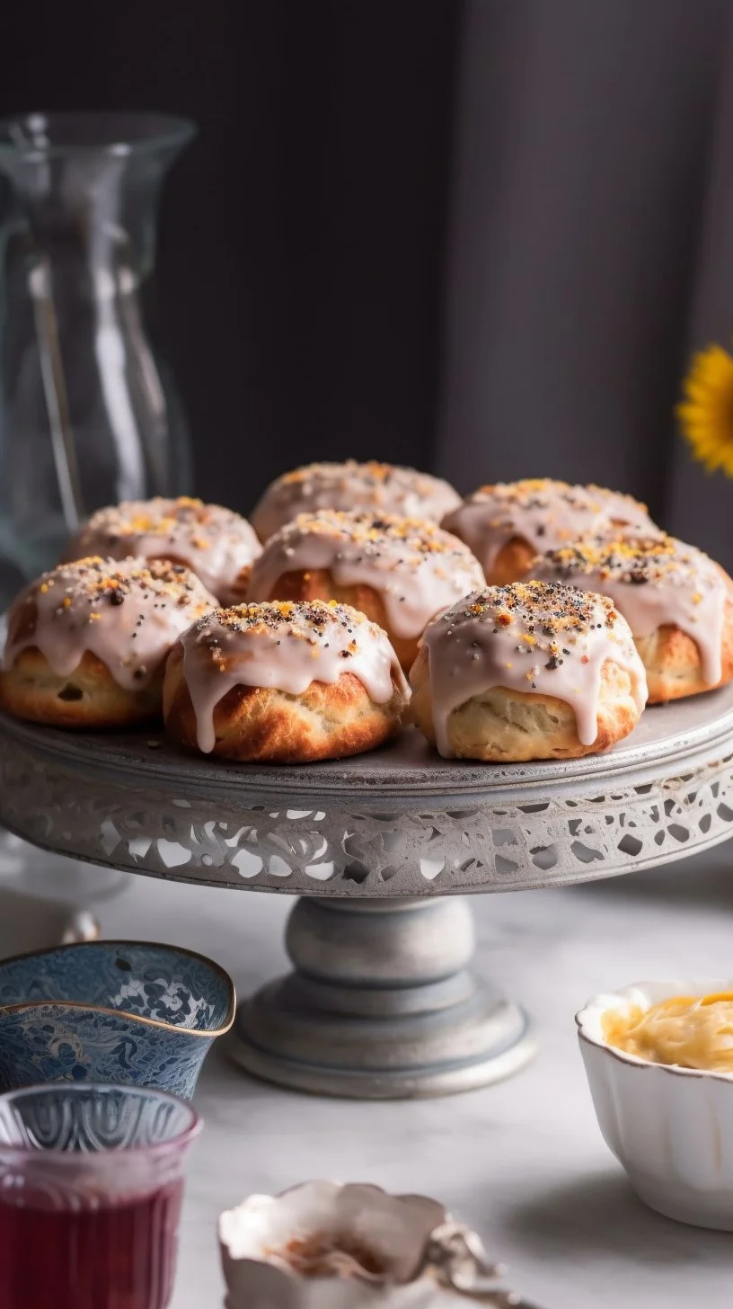 Freshly baked lemon poppy seed scones on a wooden table