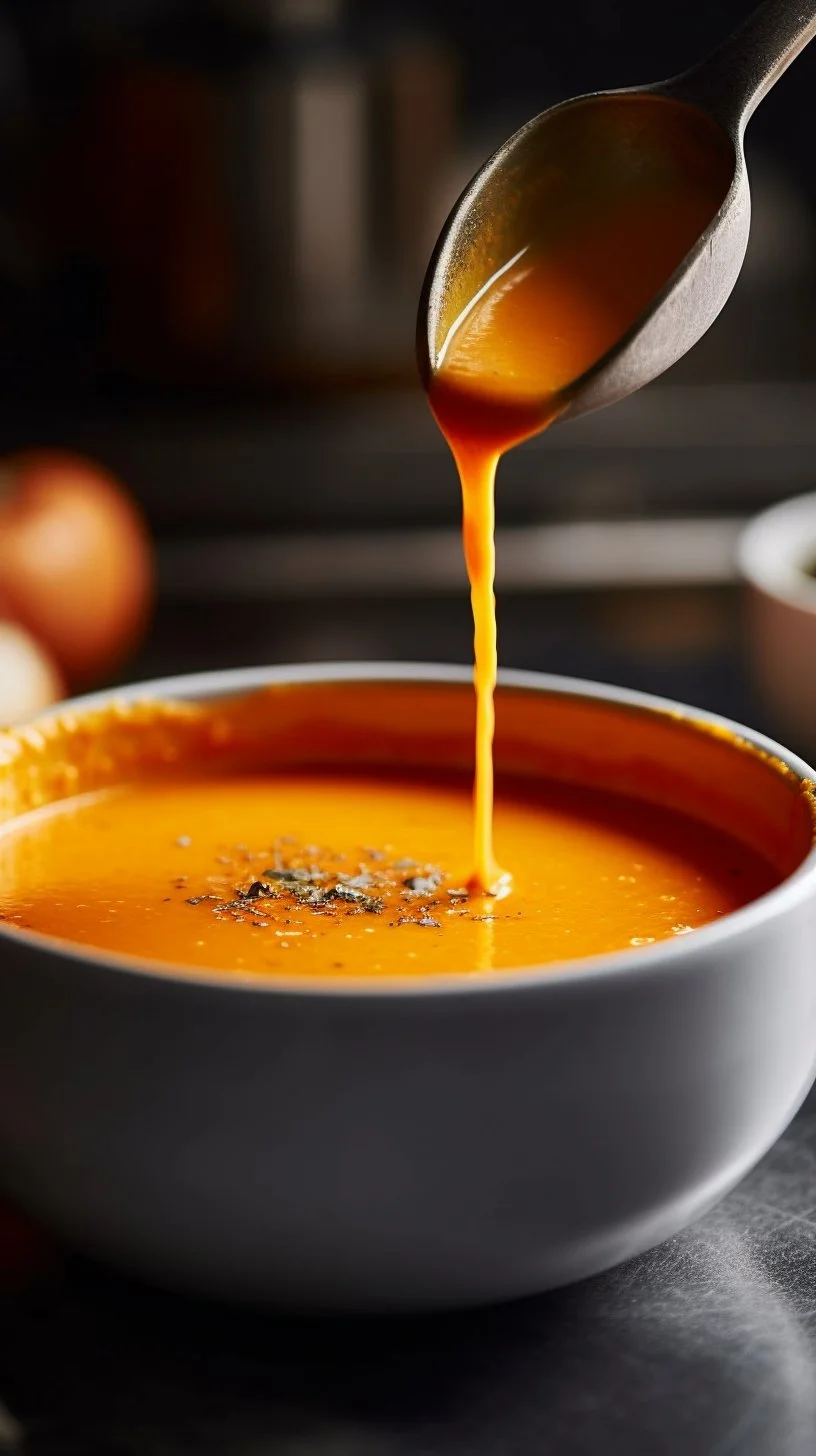 Creamy roasted red pepper gouda soup garnished with herbs and served in a bowl.