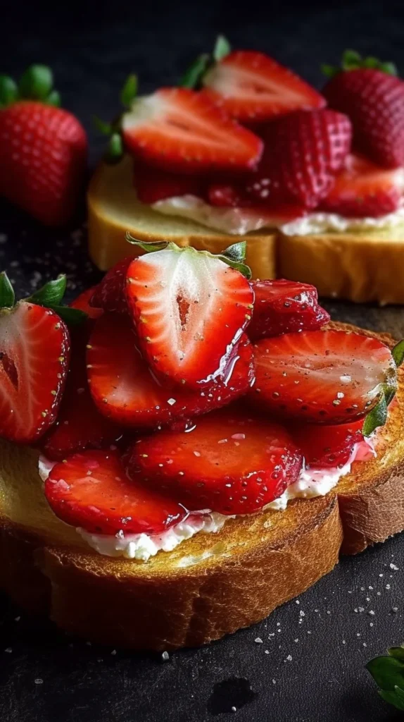Roasted strawberry whipped ricotta toast topped with fresh strawberries.