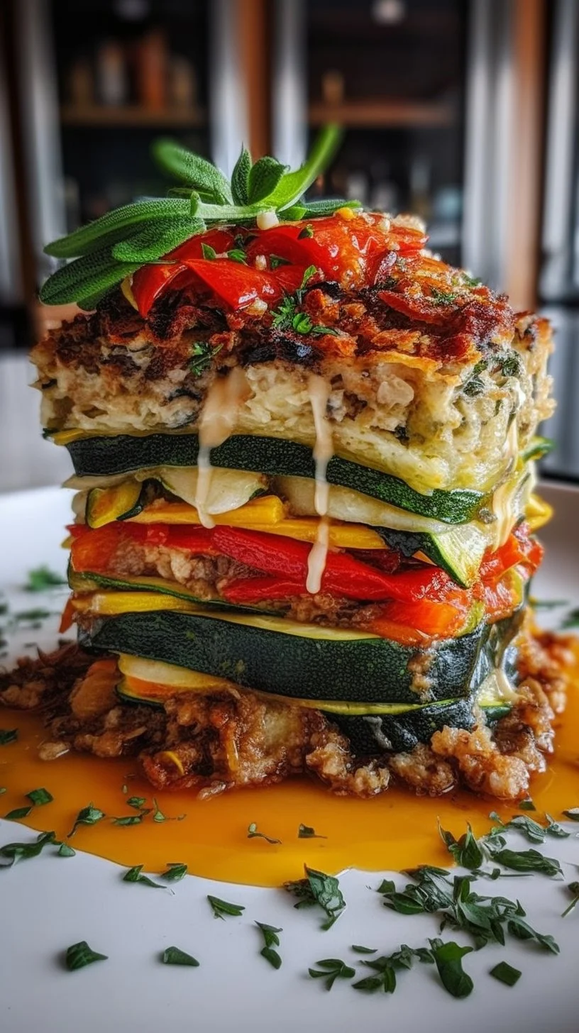 A delicious roasted vegetable lasagna served on a plate with fresh herbs on top.