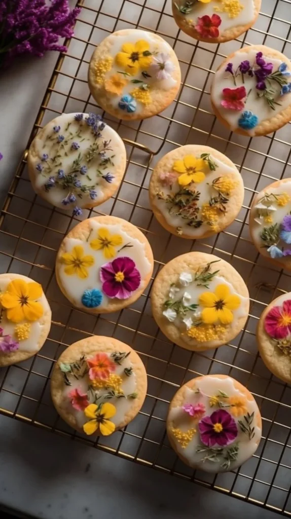 Baked rose water sugar cookies arranged on a plate, garnished with rose petals.