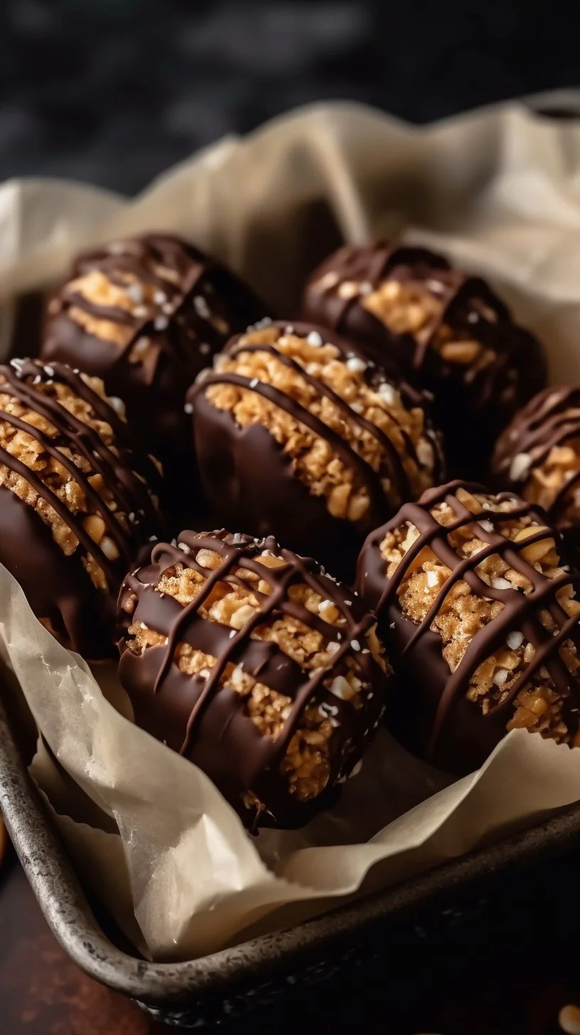 Samoa Cookie stuffed dates stacked on a plate with coconut and caramel drizzle.