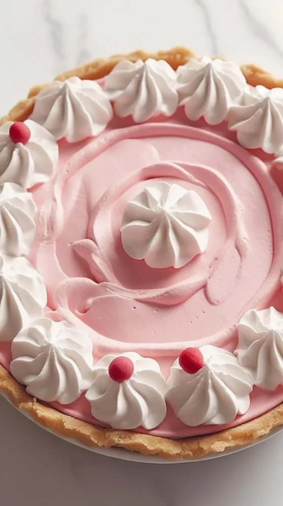 A slice of delicious Shirley Temple Pie with cherries and whipped cream.