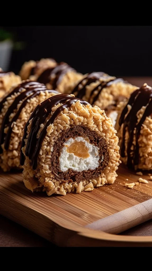 S'mores Rolled Rice Krispie Treats with marshmallows and chocolate