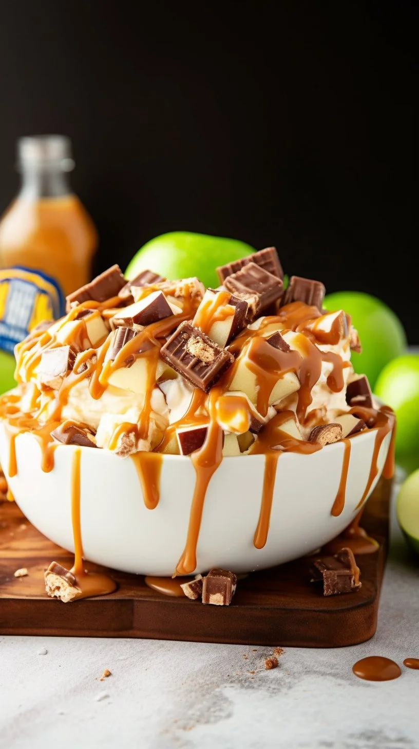 Delicious Snickers Apple Salad with chopped apples and Snickers bars.