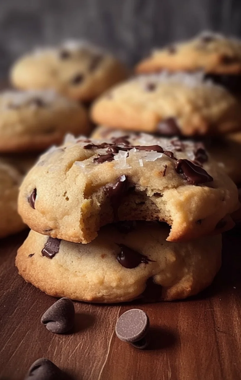 Soft and fluffy banana bread cookies on a plate with chocolate chips