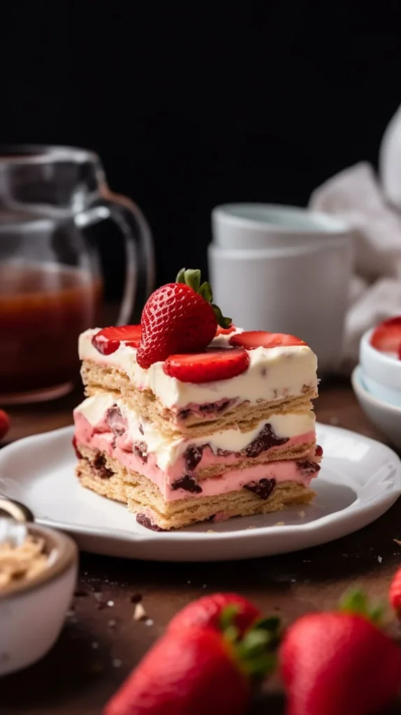 Strawberries and Cream Eclair Cake topped with fresh strawberries and cream.