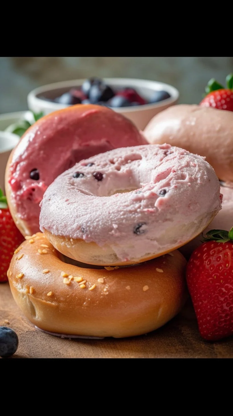 Freshly baked strawberry bagels topped with cream cheese and strawberries