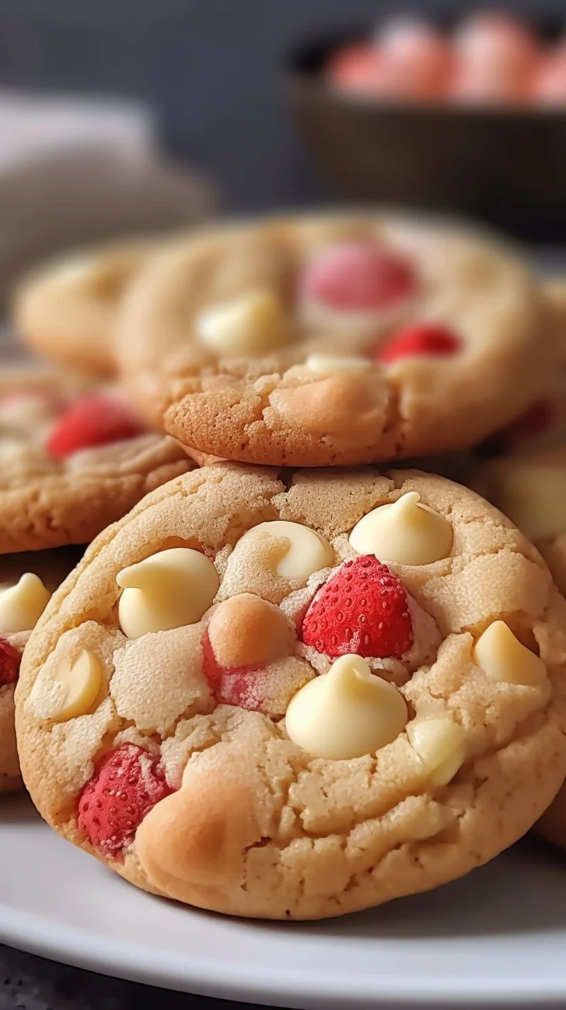Strawberry cake mix cookies topped with fresh strawberries and icing.