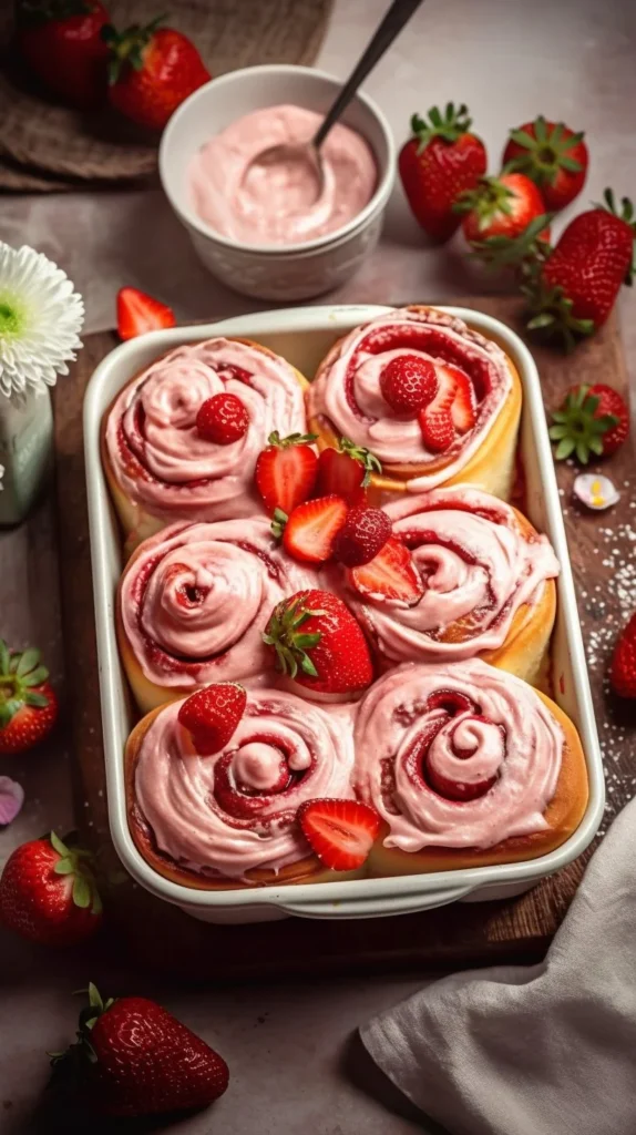 Freshly baked Strawberry Cinnamon Rolls with icing and ripe strawberries