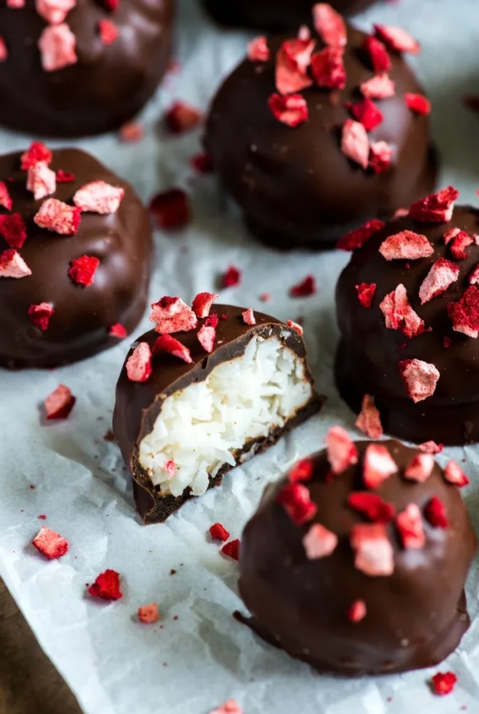 Delicious strawberry coconut cream stuffed dates on a plate