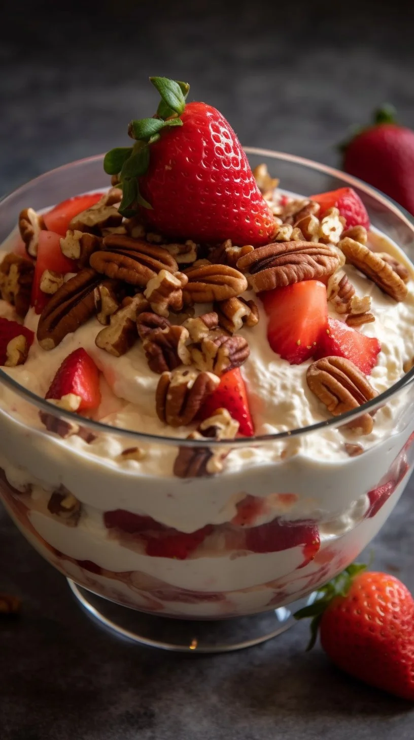 A vibrant bowl of strawberry crackle salad with strawberries, greens, and crunchy toppings.