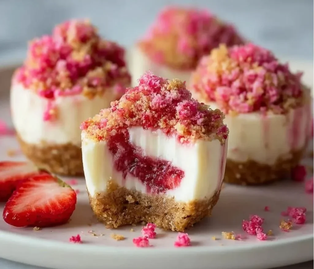 Delicious Strawberry Crunch Cheesecake Bites served on a plate