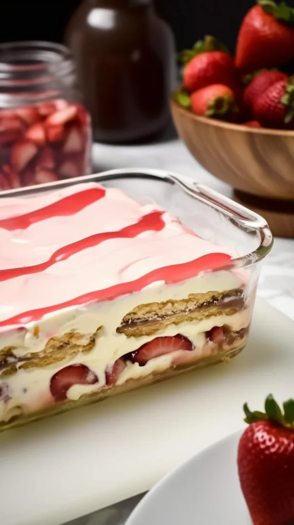 Delicious strawberry eclair cake topped with fresh strawberries and cream.