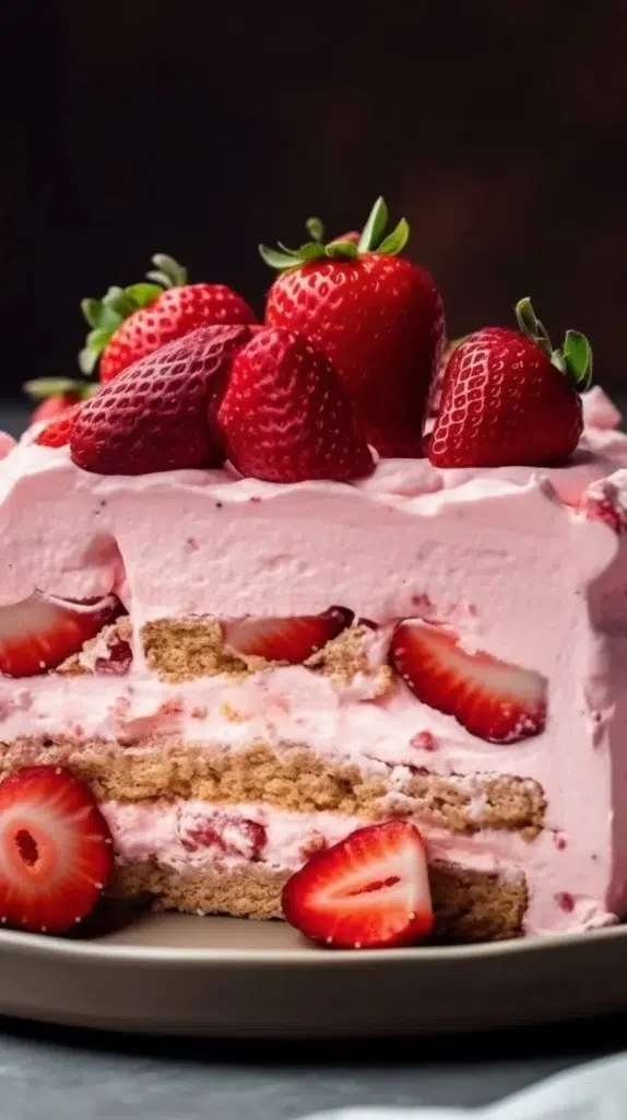 Delicious Strawberry Eclair Cake topped with fresh strawberries and cream