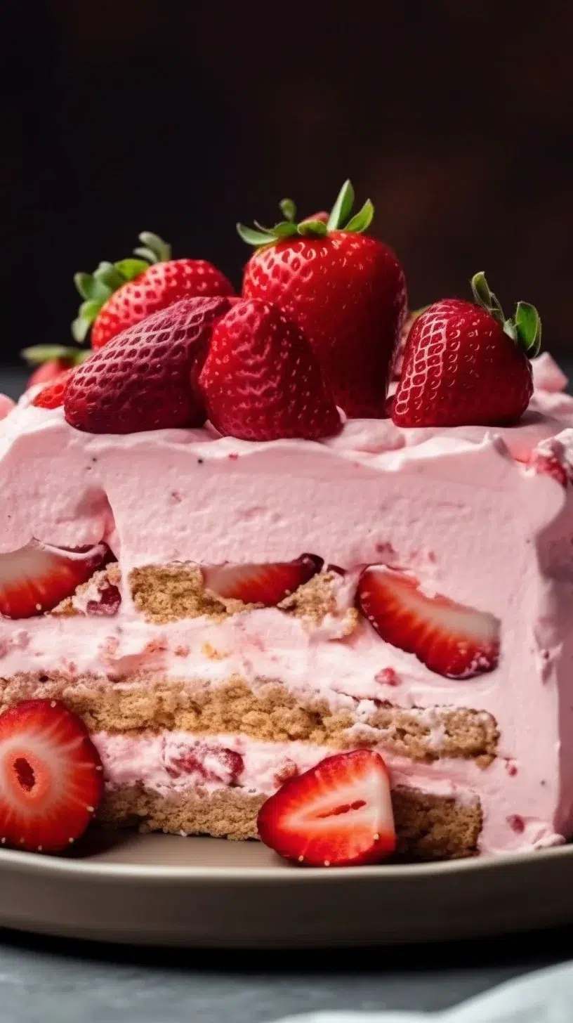 Delicious Strawberry Eclair Cake topped with fresh strawberries and cream