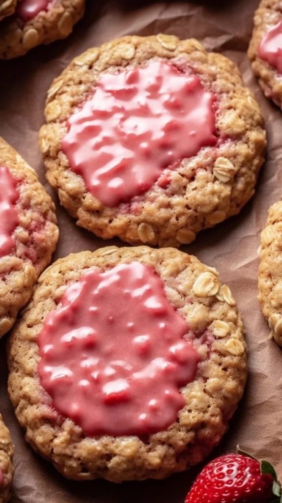 Freshly baked strawberry iced oatmeal cookies on a plate