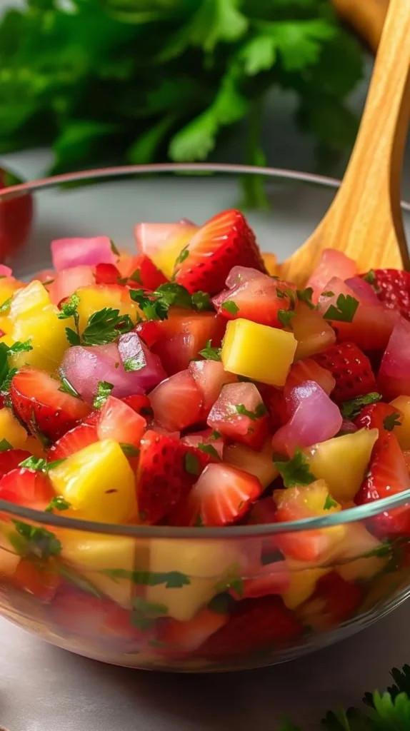 Colorful Strawberry Pineapple Salsa with diced fruits and herbs in a bowl