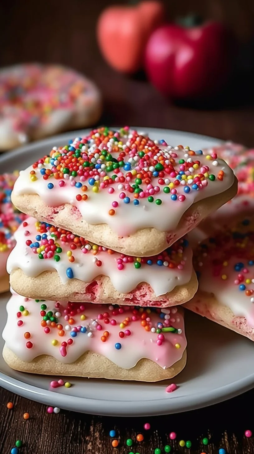 Strawberry Pop Tart Sugar Cookies on a plate with colorful sprinkles