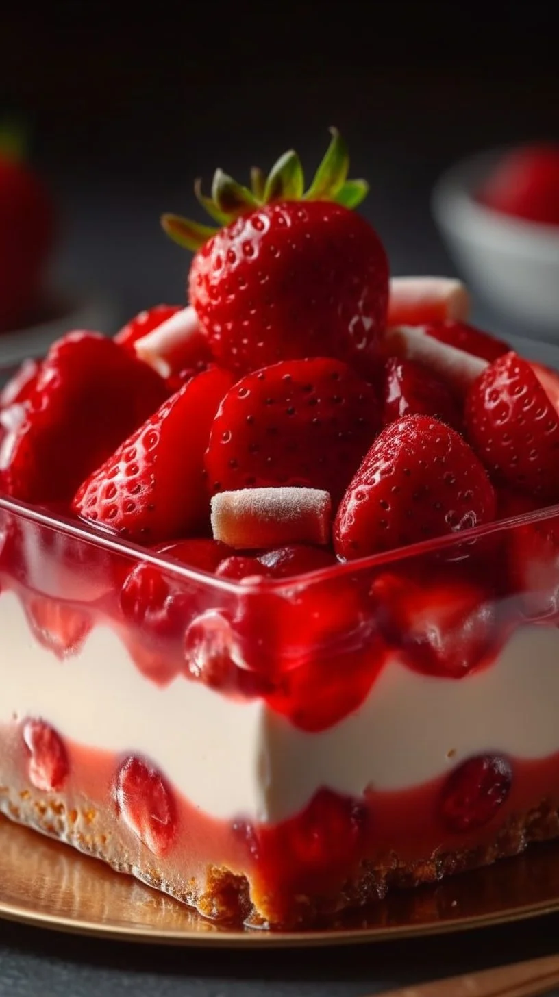 Freshly made Strawberry Pretzel Salad with strawberries and pretzel crust