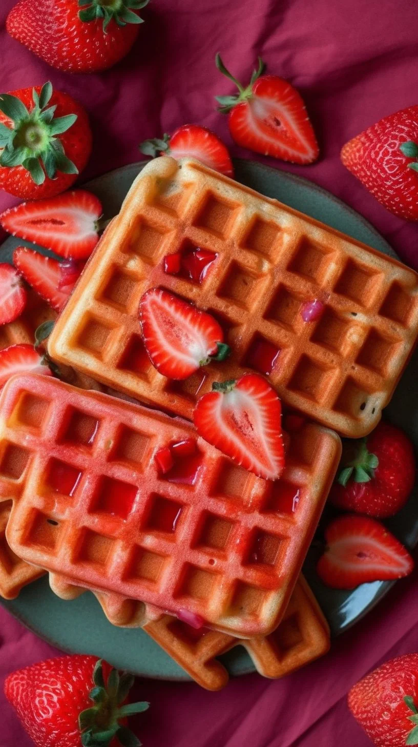 Delicious strawberry waffles topped with fresh strawberries and syrup