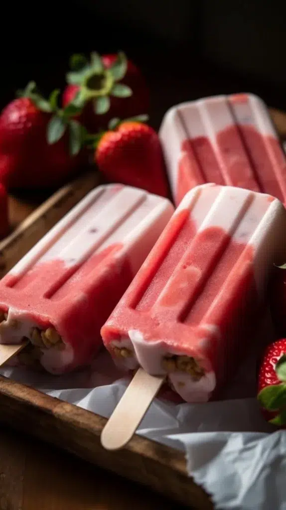 Homemade strawberry yogurt popsicles on a wooden stick, perfect summer treat.