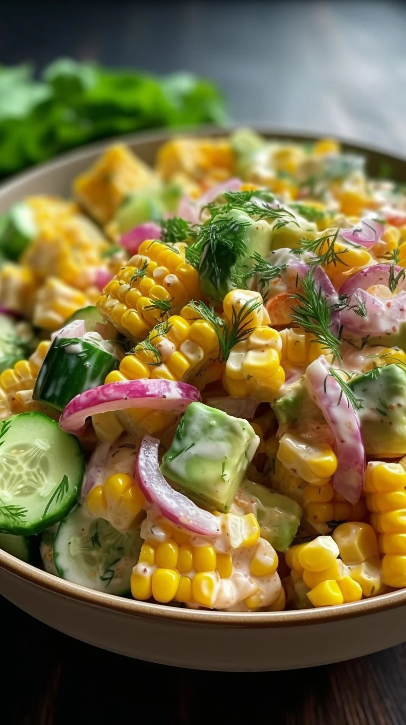 Delicious Street Corn Creamy Cucumber Salad garnished with fresh herbs