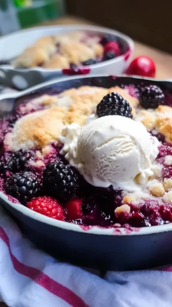 Delicious sugar cookie berry cobbler served warm with berries and cream.