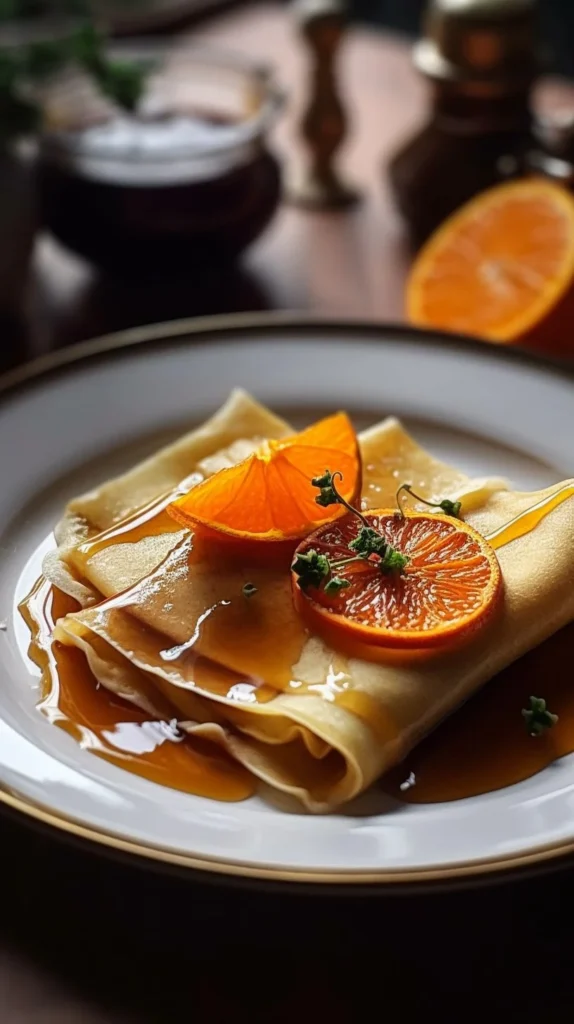 Delicious Suzette Crepes served with orange sauce and spices
