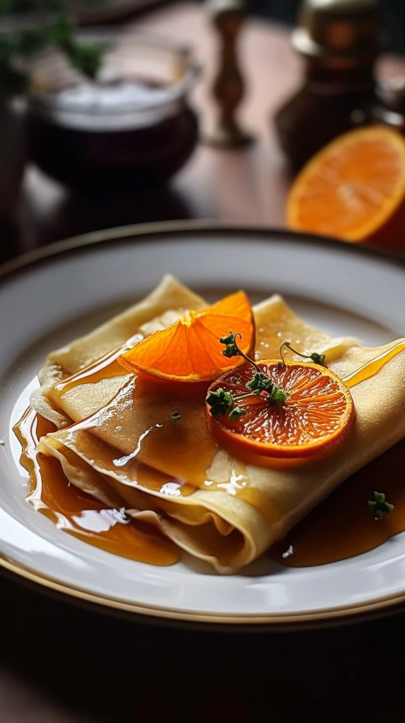 Delicious Suzette Crepes served with orange sauce and spices