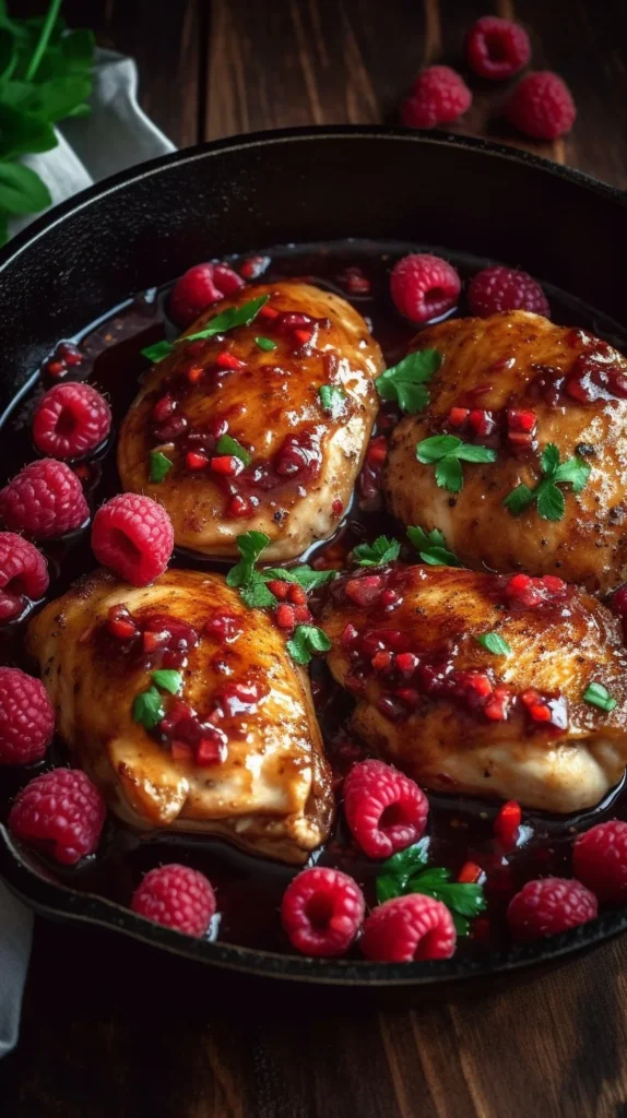 Sweet and Spicy Jalapeno Raspberry Chicken served with a colorful garnish