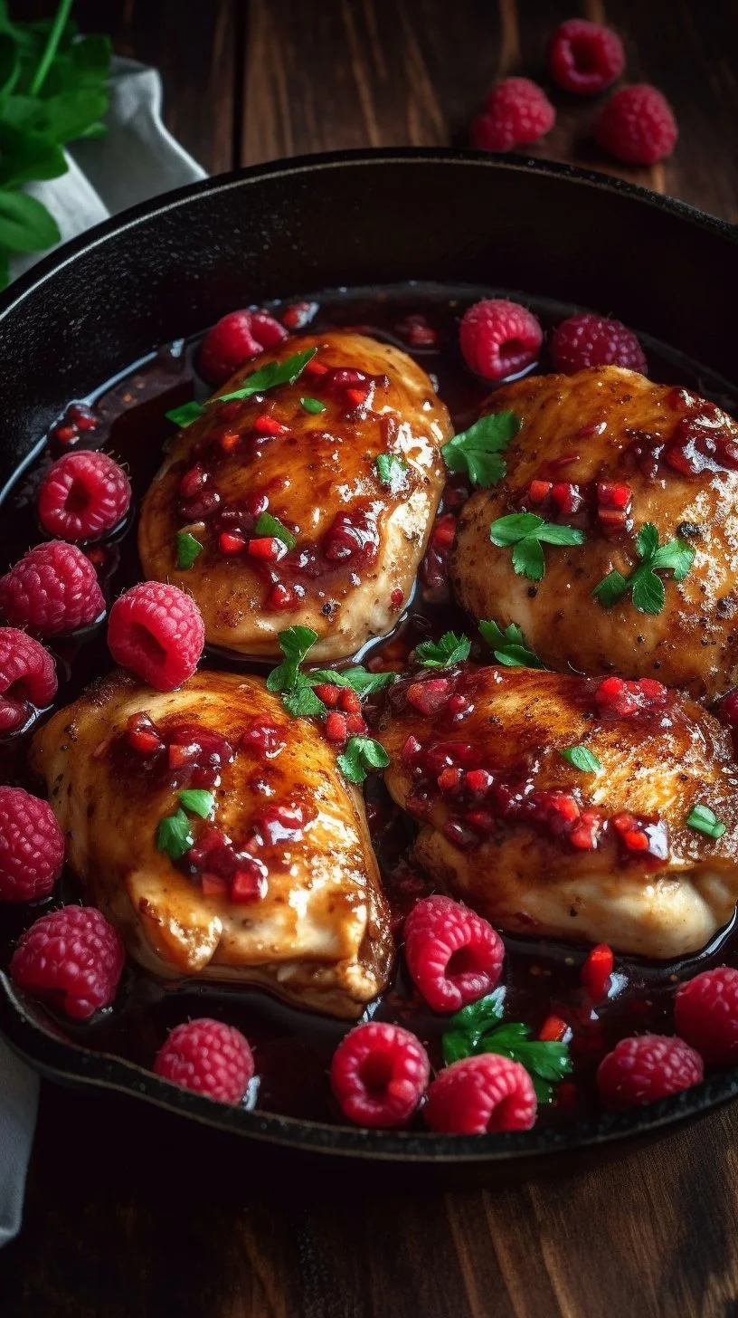 Sweet and Spicy Jalapeno Raspberry Chicken served with a colorful garnish