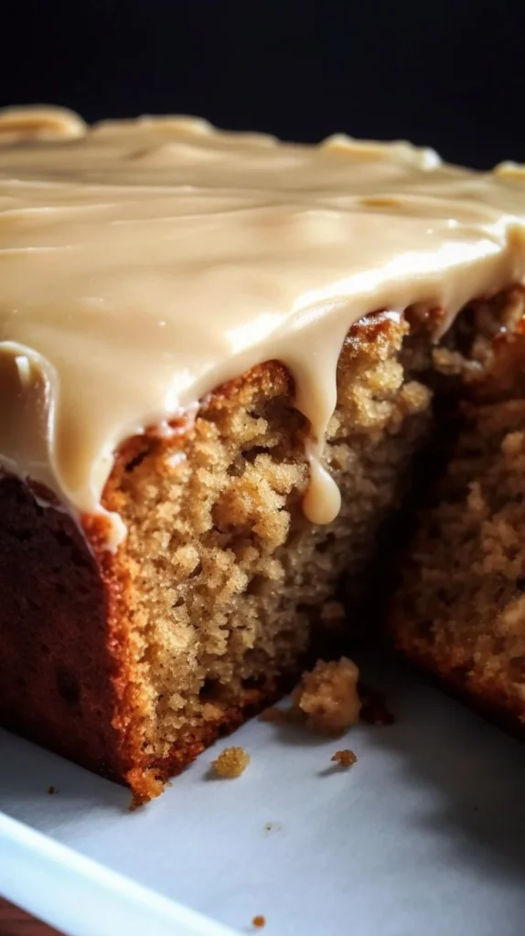 Sweet glazed zucchini cake with brown sugar icing on a white plate