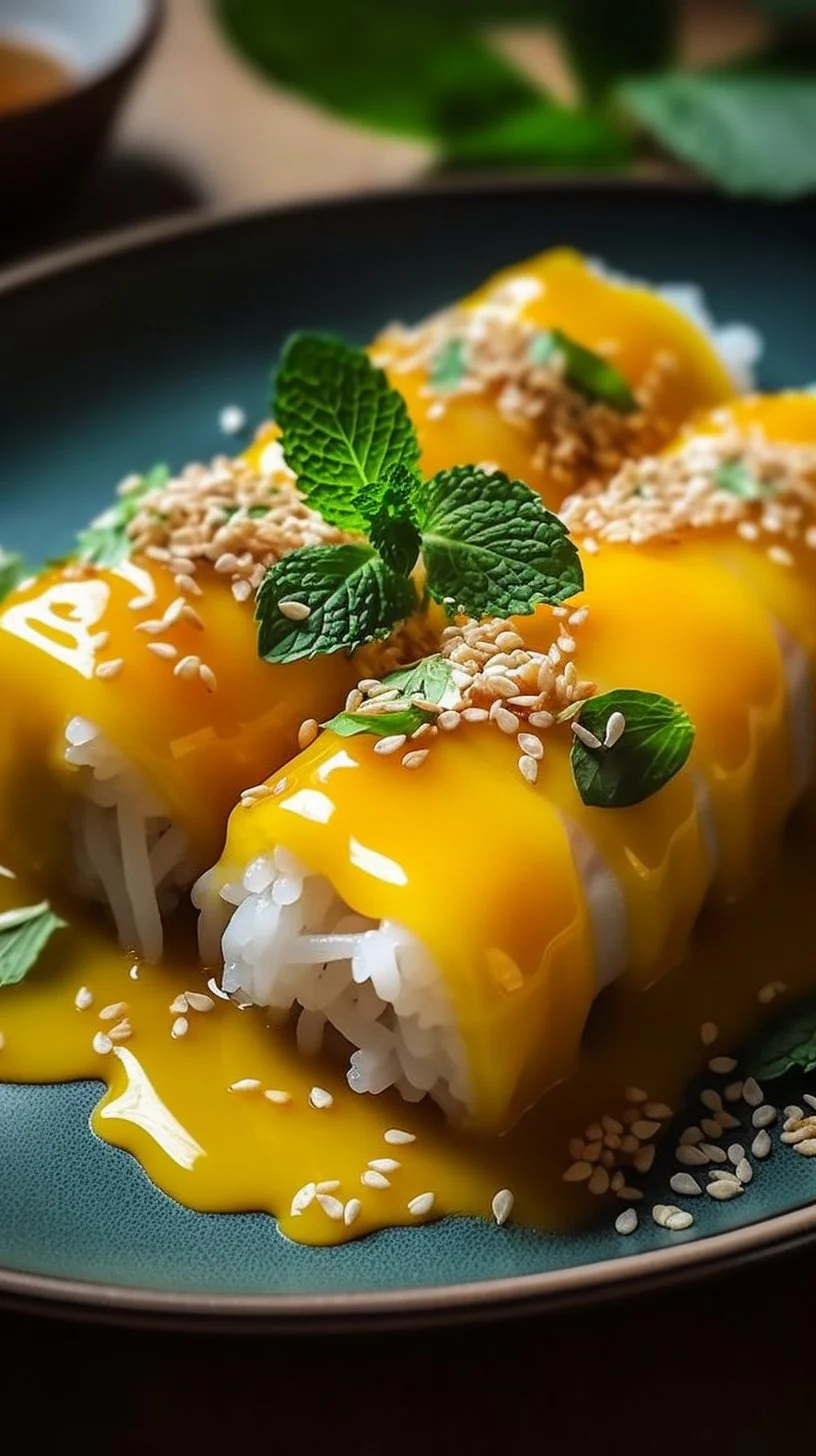 Sweet mango sticky rice rolls garnished with coconut sauce and sesame seeds.