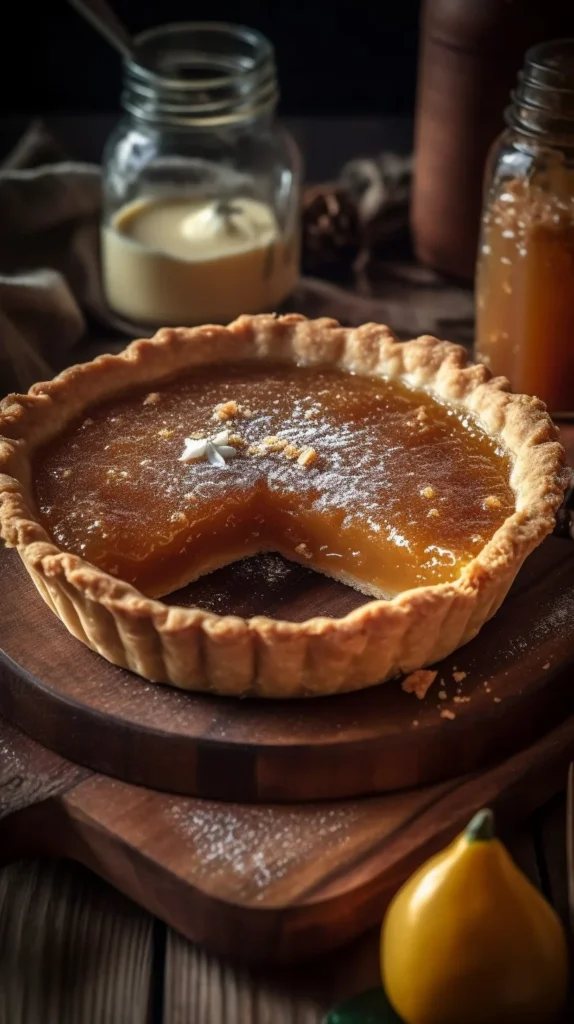 Delicious Salted Whiskey Honey Pie served on a plate with a garnish.