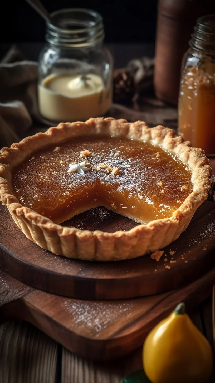 Delicious Salted Whiskey Honey Pie served on a plate with a garnish.