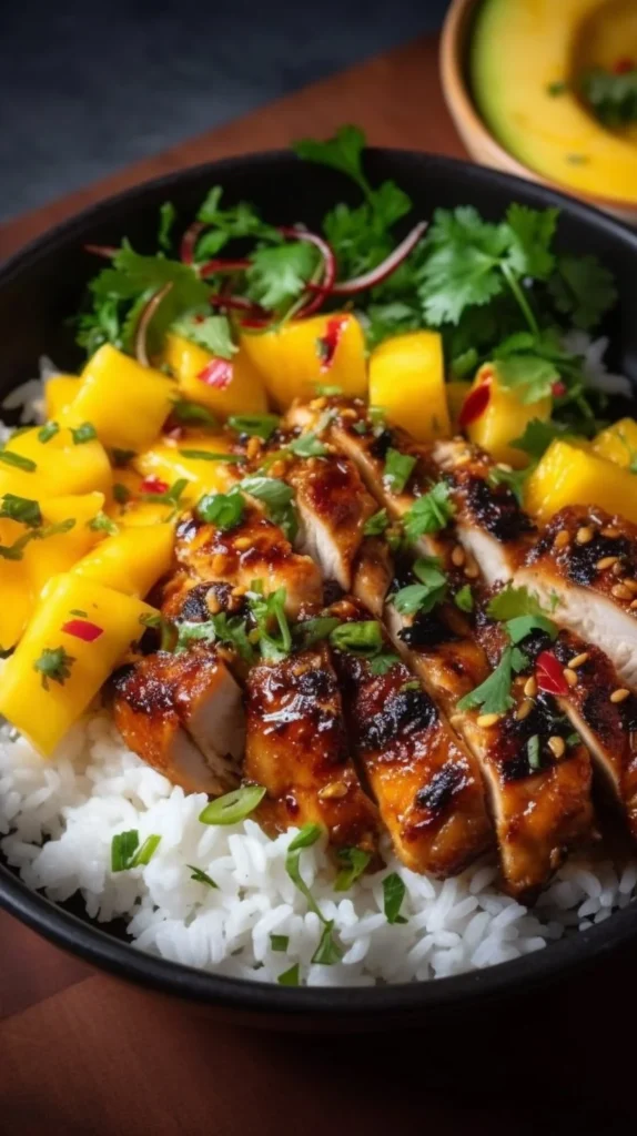 Mango glazed chicken served with fresh vegetables on a plate