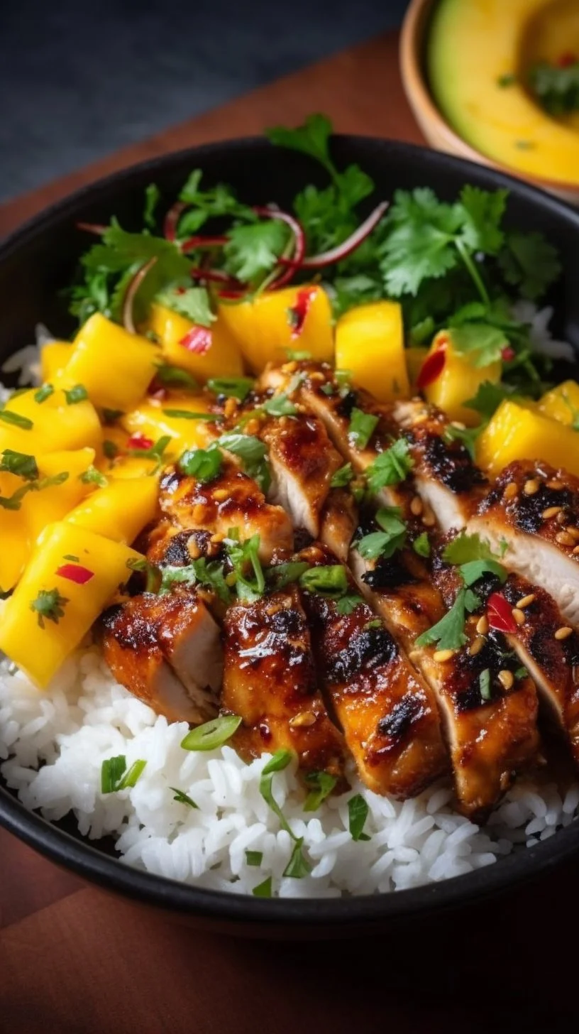 Mango glazed chicken served with fresh vegetables on a plate