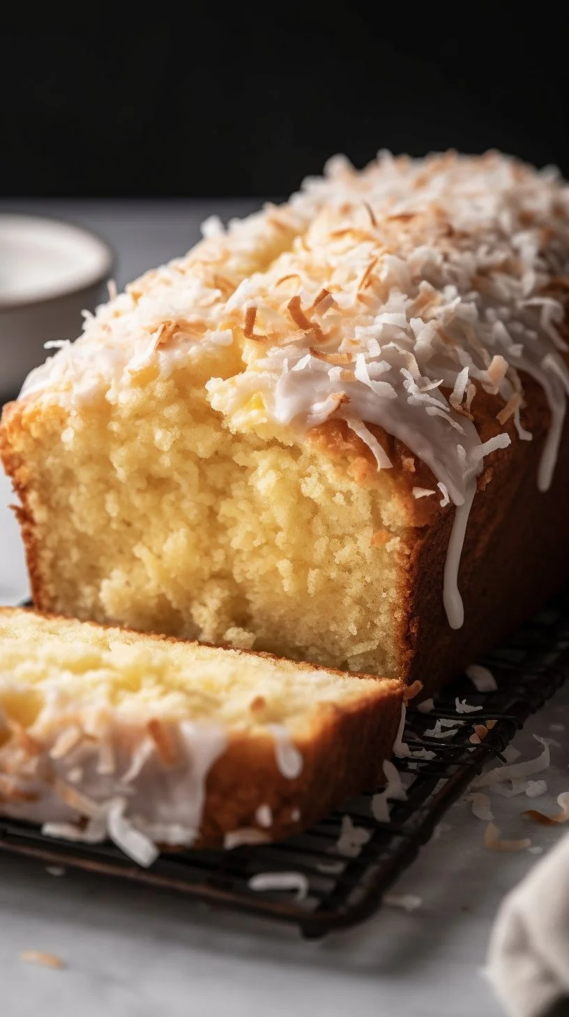 Delicious homemade coconut loaf cake ready to be served on a plate