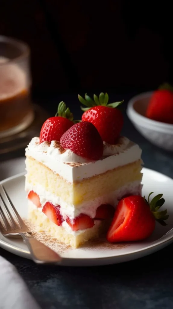 Delicious slice of Three Milks Cake with a creamy topping and fresh berries.