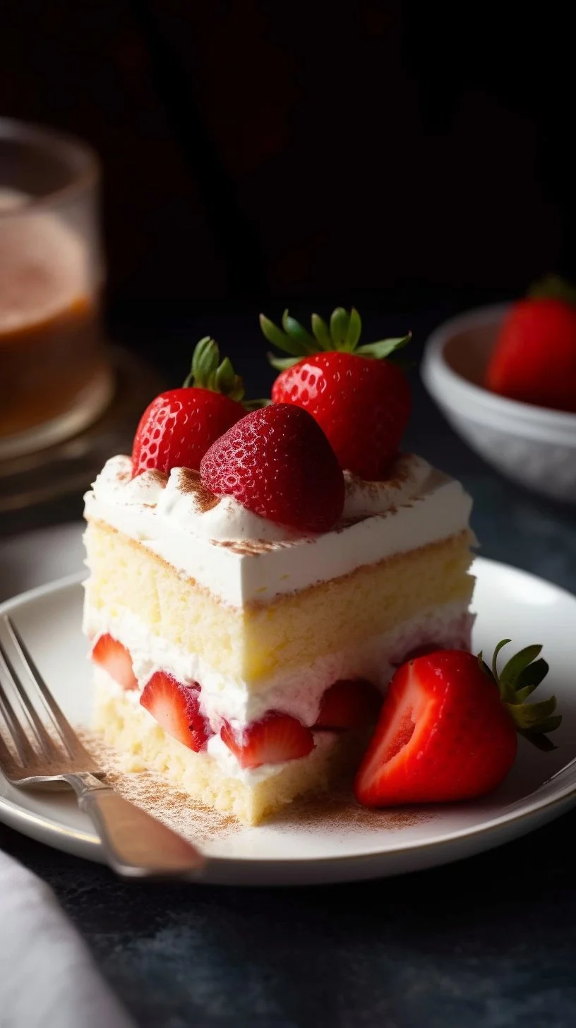 Delicious slice of Three Milks Cake with a creamy topping and fresh berries.
